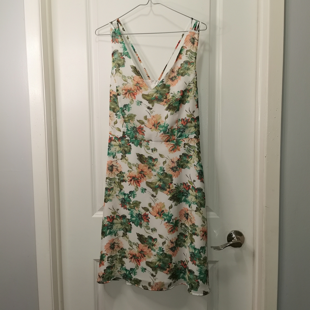 H&M White‎ Floral V-Neck Midi Dress with Green and Peach Print
